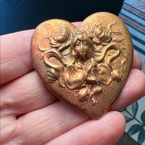 Vintage Art Nouveau Style Copper Lady of the Lake Heart Shaped Brooch